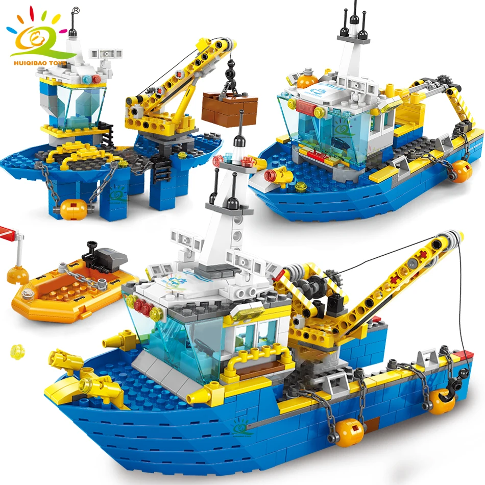 HUIQIBAO TOYS Engineering Boat Station Building Blocks City Construction MOC Crane Ship Bricks Set Children Kids Toys for Boy