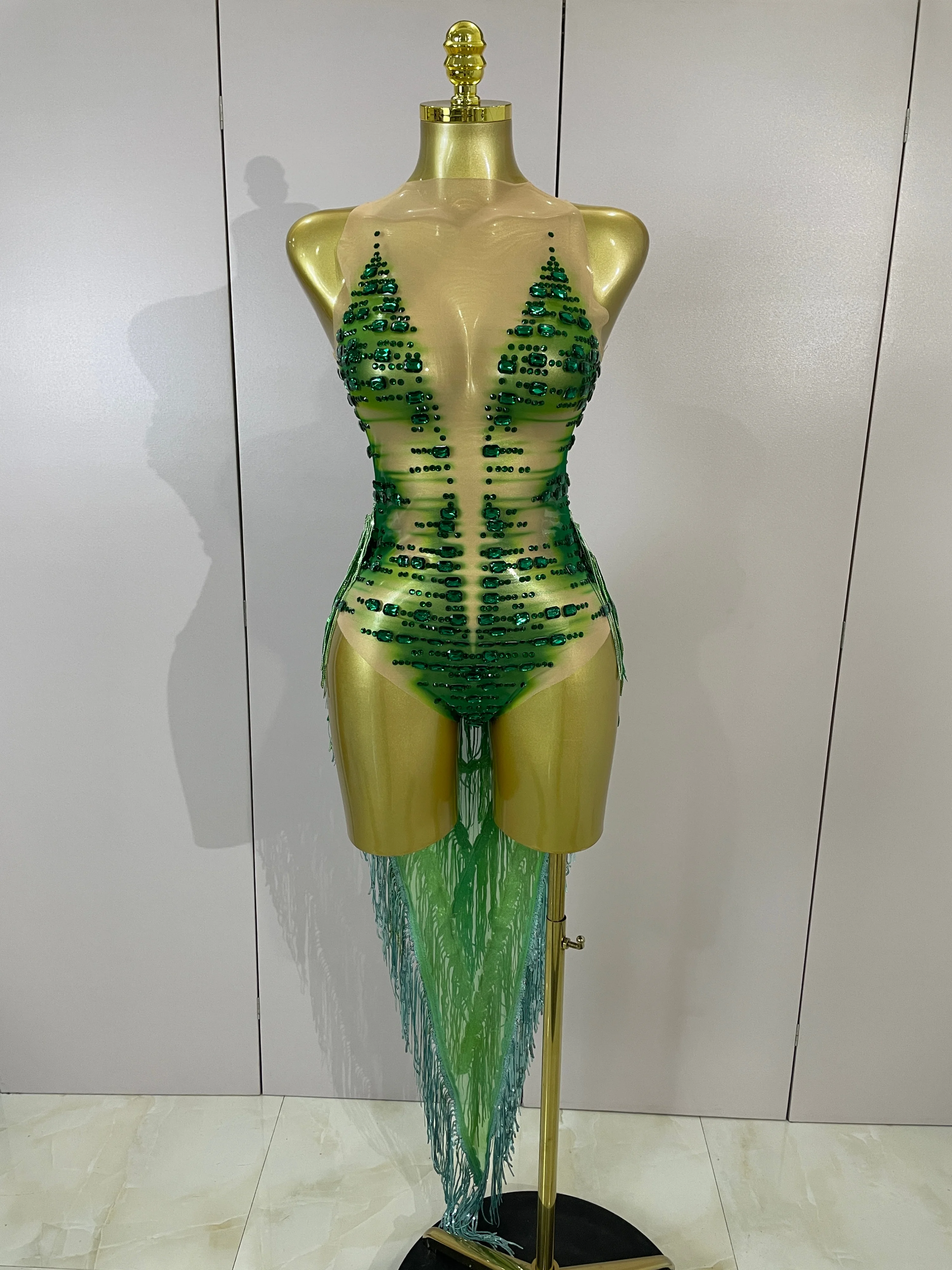 2026 Sparkly Green Rhinestone Tassels Sexy Mesh Bodysuit Eveing Party Birthday Latin Dancer Nightclub Performance Stage Costume