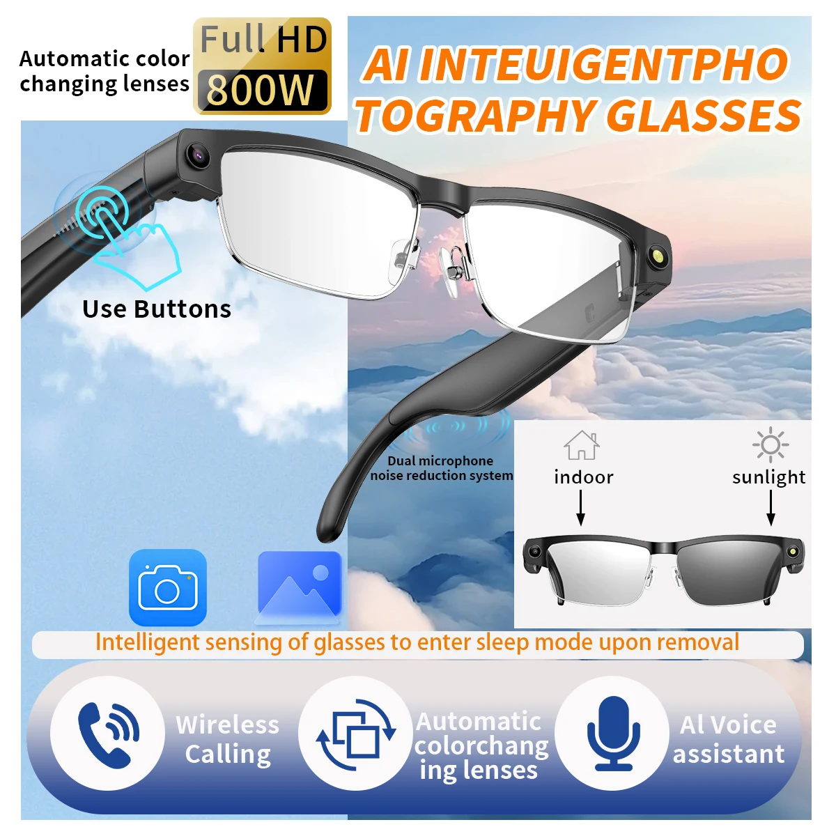 

New 8MP Camera Smart Glasses Video Recording AI Eyewear Intelligent Interactive Translation Bluetooth Sunglasses for Andirod iOS