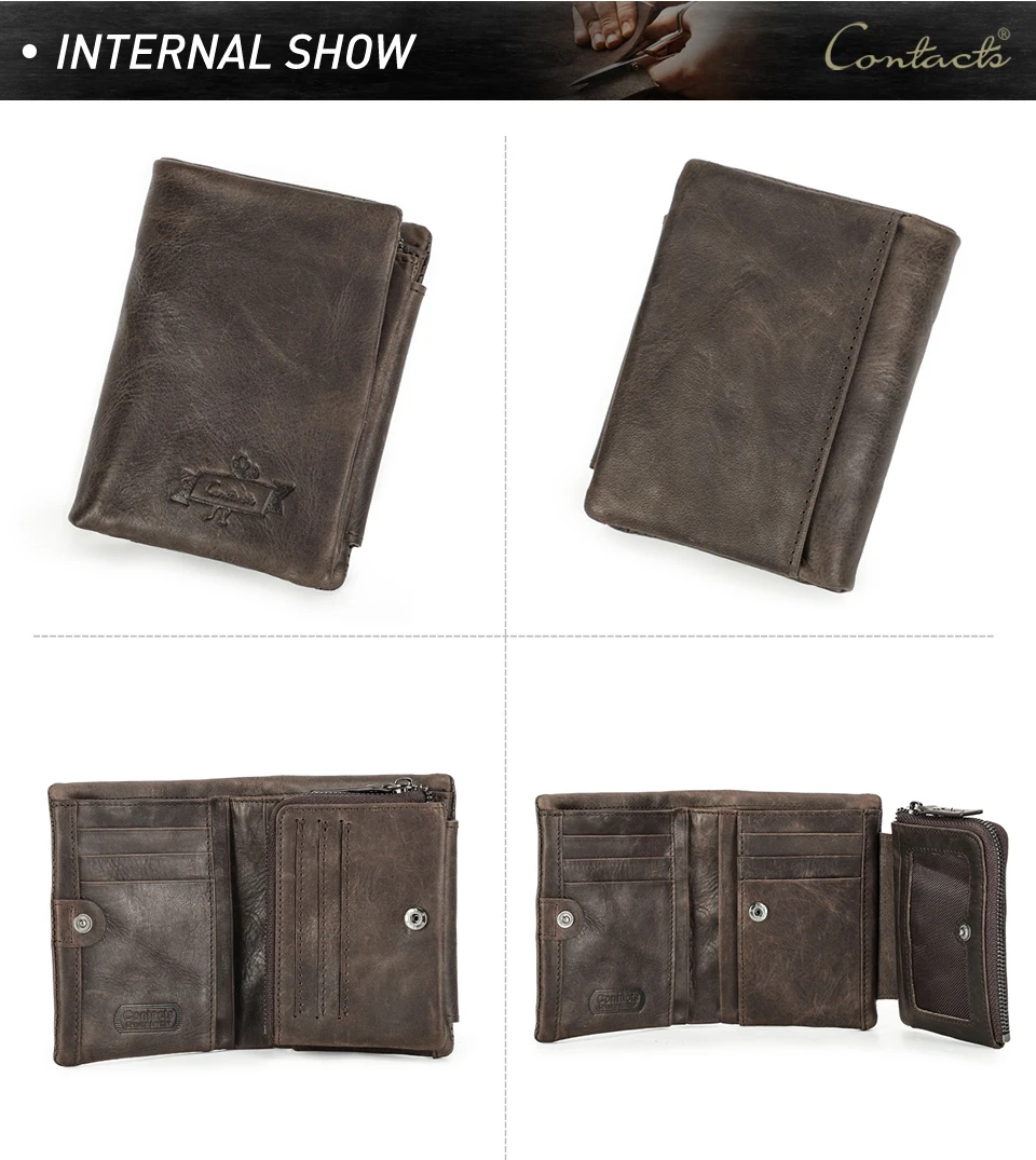CONTACT'S Echtes Leder Männer Brieftasche Vintage Trifold Haspe Brieftasche Reißverschluss Geldbörse Kartenhalter Geld Clip männer Brieftaschen – Detail 11