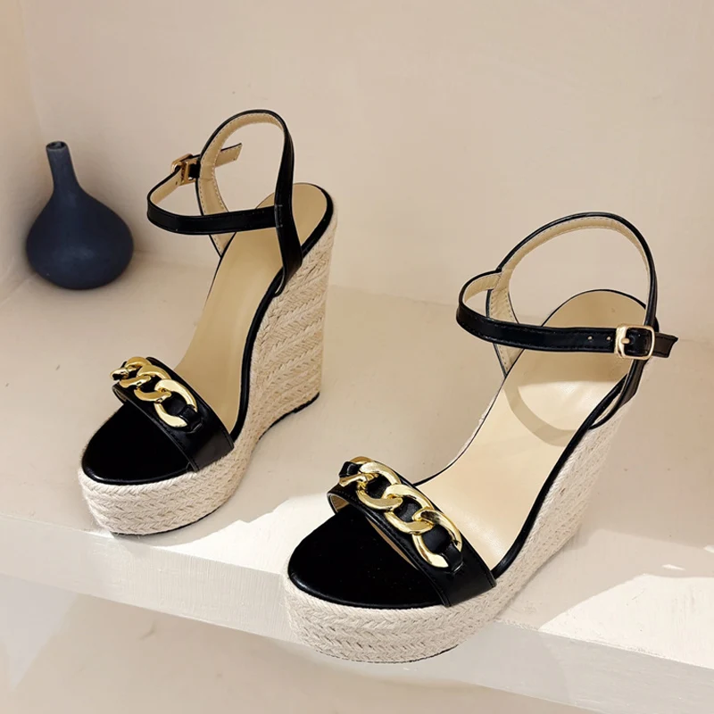 Liyke Fashion Design Chain Decoration Open Toe Wedges Sandals Women Summer Shoes Fashion Buckle Strap Platform High Heels Black