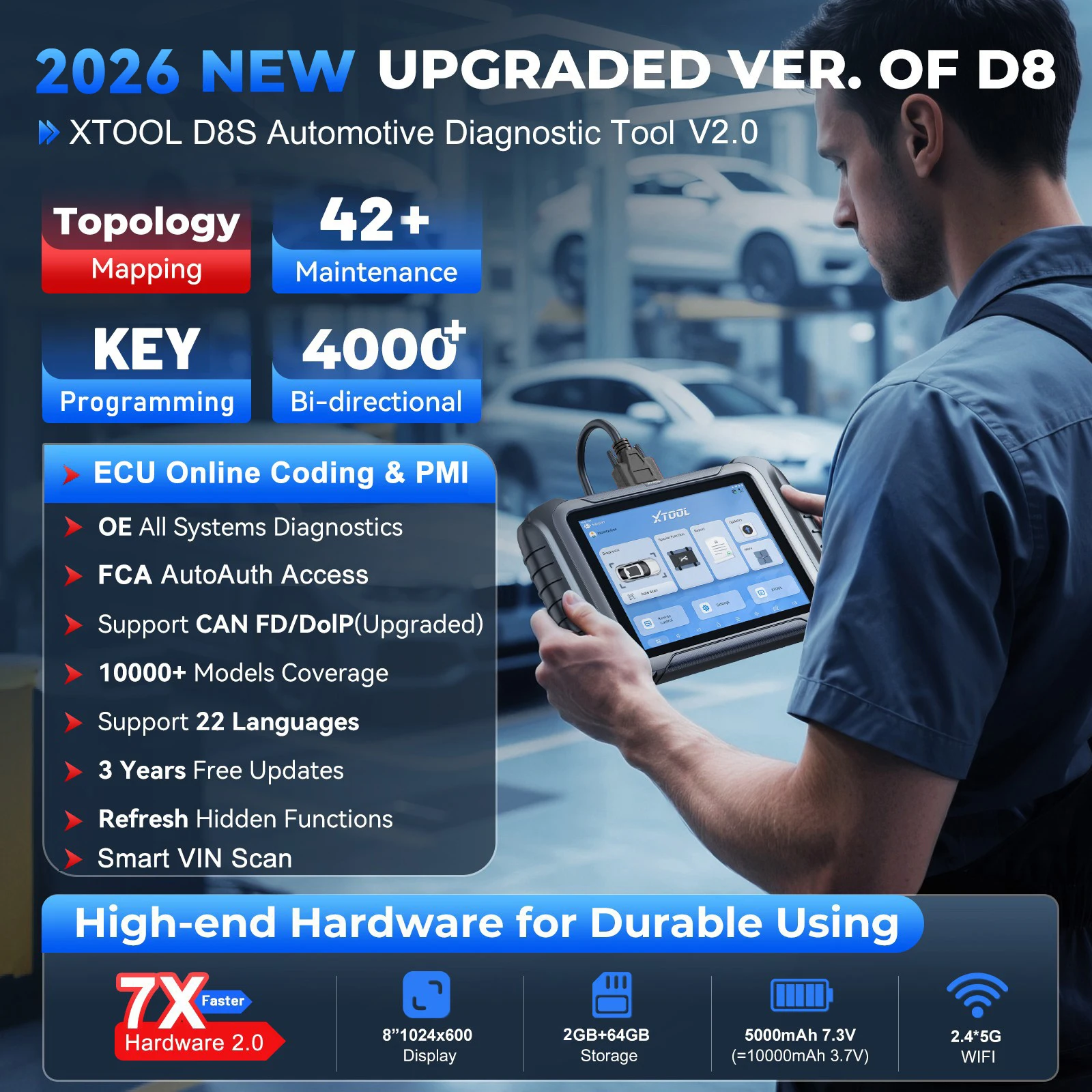 Afbeelding 3: 2026 XTOOL D8S OBD2 Scanner AI-geassisteerd diagnosetool met topologische mapping, bidirectionele scanner, volledige systeemdiagnose, 42+ resets, actieve test, sleutelprogrammering, ECU-codering, PMI voor Ford CANFD DoIP, 3 jaar gratis update