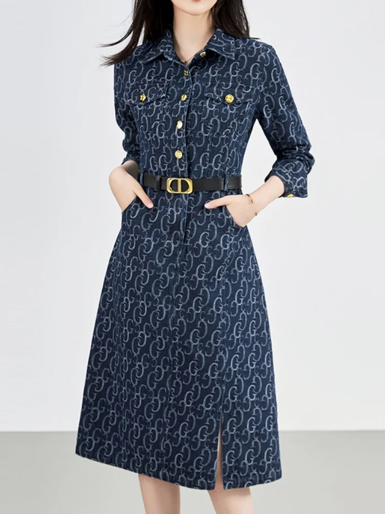 Autumn Denim Dress Lace-up Single Breasted Full Printed Elegance Jacquard Luxury Comfortable Loose Woman Knee-Length Dresses