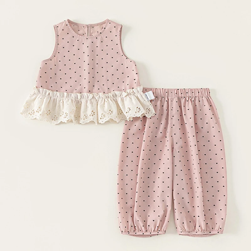 

2Piece Sets 2025 Summer Little Girl Clothes Korean Fashion Cute Dot Sleeveless Pink Baby Tops+Pants Kids Boutique Clothing BC260