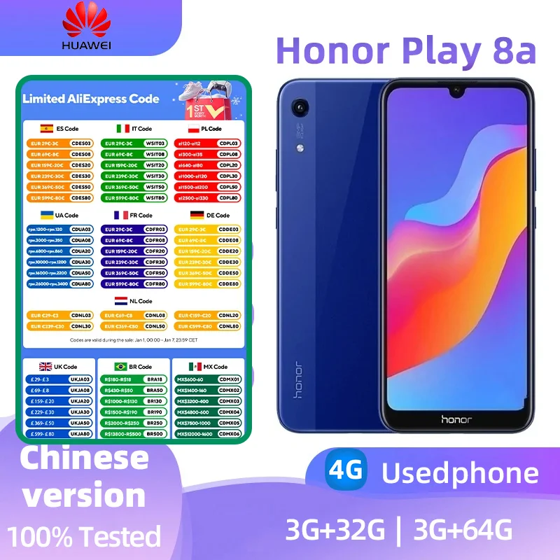 Honor Play 8a Smartphone Android CPU MediaTek Helio P35 6.088inch Screen 13MP Camera Unlocked used phone