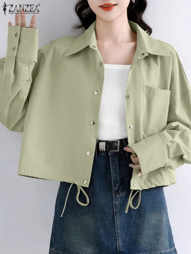 

ZANZEA Korean Fashion Solid Short Coats Women Long Sleeve Shirt Jackets 2024 Spring BF Style Drawstring Collect Waist Outwear