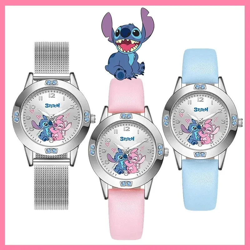 ساعات ديزني ستيتش للأطفال، ساعة كوارتز كرتونية لطيفة مع حزام ألماس مقلد، هدية عيد ميلاد للأطفال للأولاد والبنات