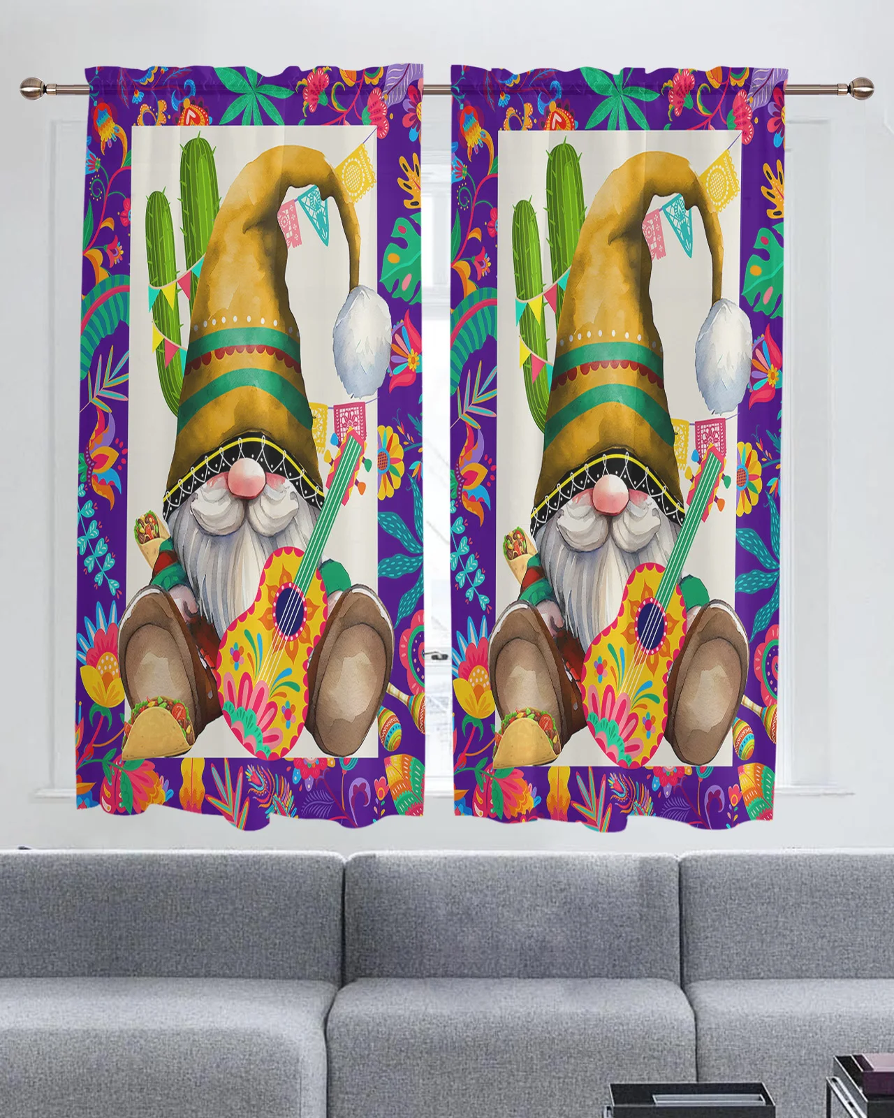 Mexican Midget Cactus Guitar Sheer Short Curtains for Living Room Bedroom Kitchen Cabinet Small Voile Tulle Drapes