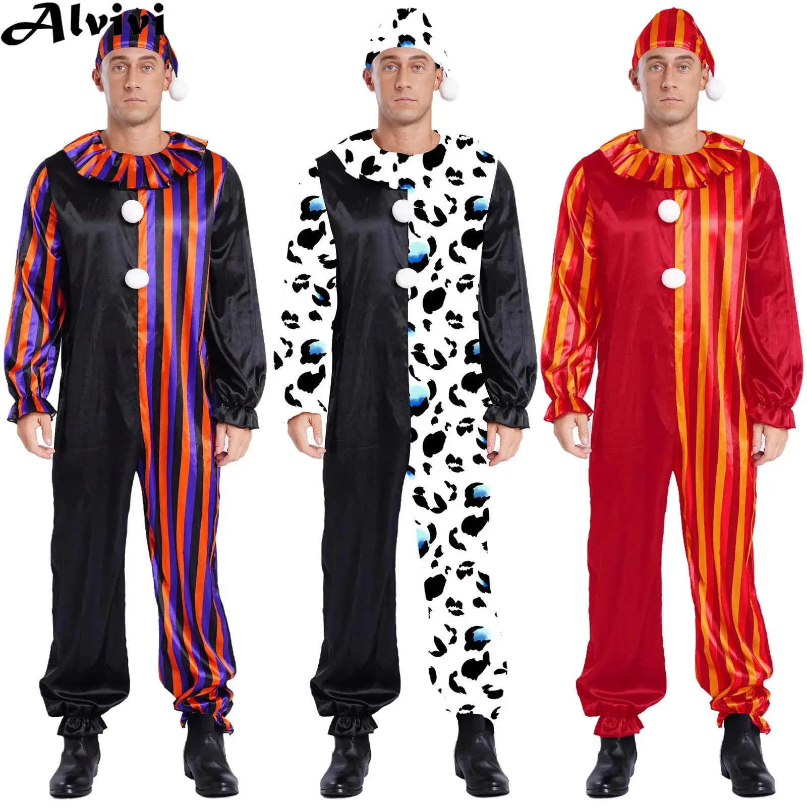 

Men Long Sleeve Pompoms Circus Clown Dress Up Jumpsuit with Hat Halloween Carnival Theme Party Killer Clown Cosplay Costume