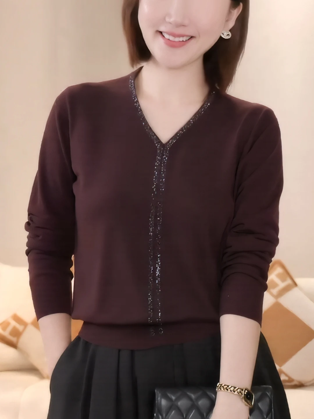 

Women's V-Ne Long Sve Knitted Base irt Autumn Winter Loose Slimming Sweater Comfortable Warm Color Top