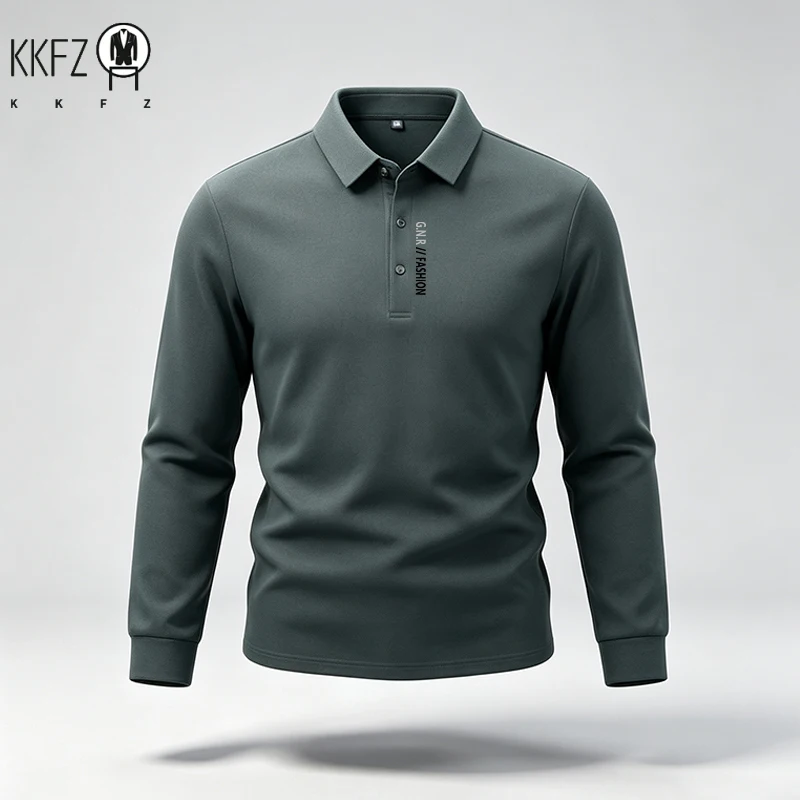 Male Trendy Lapel Collar Polo Top Long Sleeve Button Placket Letter Print For Short Trip Social Meetup And Street Fashion Wear