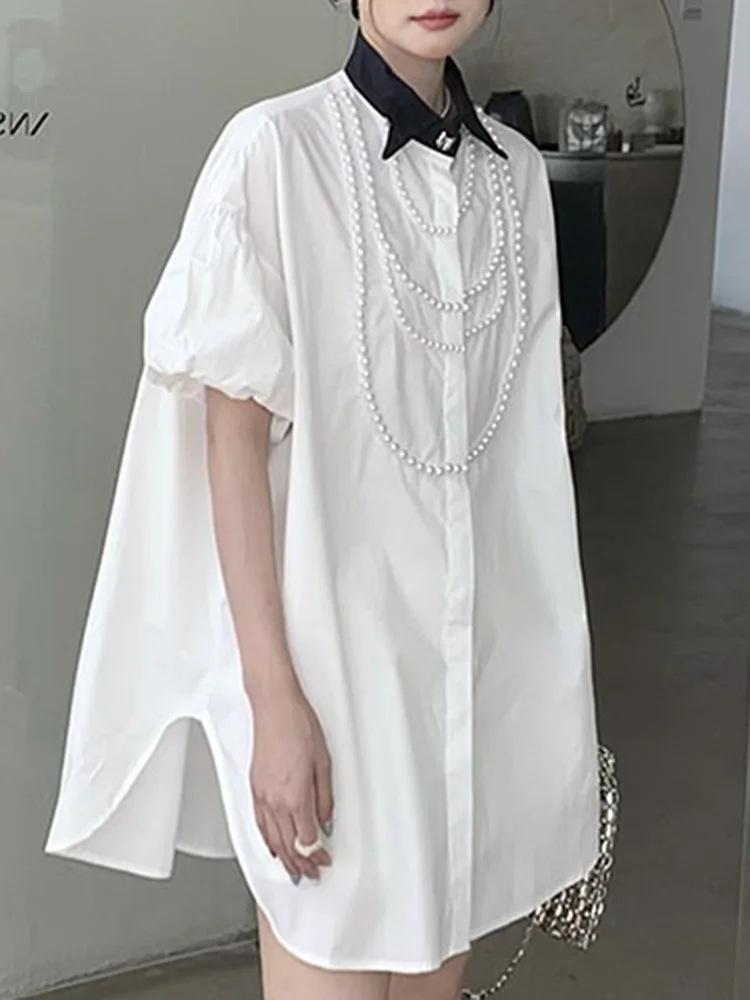 YERMORA بلوزة غير رسمية من اللؤلؤ المزيف باللون الأسود للنساء مع طية صدر السترة وأكمام قصيرة قميص فضفاض جديد موضة المد لربيع وصيف 2025