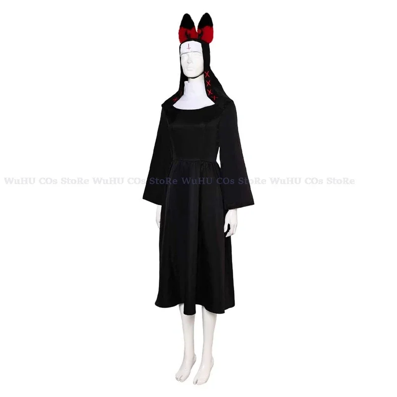 Nun Alastor Cosplay fantasía hasbin disfraz de Hotel de dibujos animados disfraz mujeres niñas vestido negro sombrero trajes Halloween traje de Carnaval