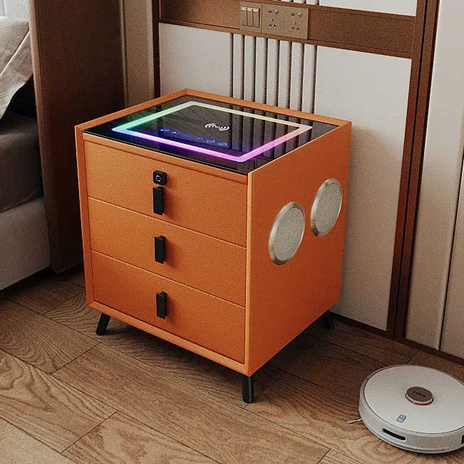 طاولة بجانب السرير الذكية الفاخرة الحديثة باللون الرمادي والبني الداكن مع ضوء LED ومكبرات شحن لاسلكية وقفل بصمة الإصبع وغرفة نوم بثلاثة أدراج #4