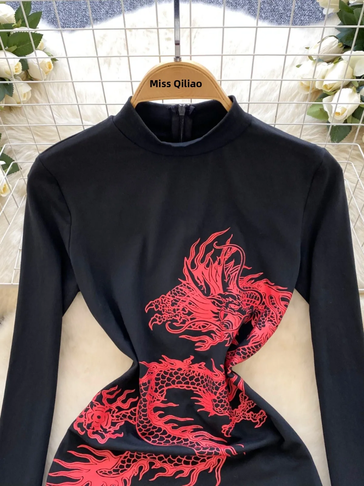 Chic Chinese Style High Collar Long Sleeve Onesie Women's Winter Dragon Print Slim Design Spicy Short Pants Trendy Commute