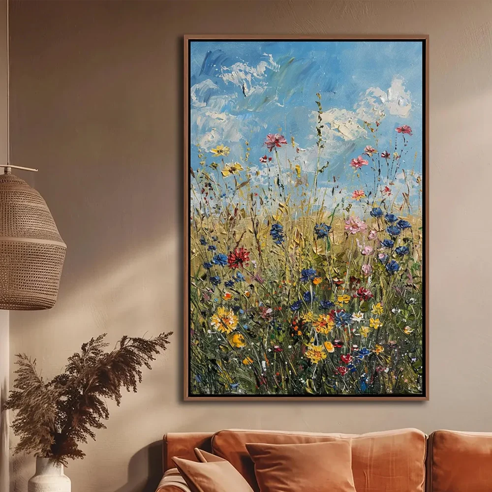 

1PC Frameless Spring Wildflowers Field Posters Canvas Painting Vintage Floral Botanical Landscape Wall Art Home Farmhouse Decor
