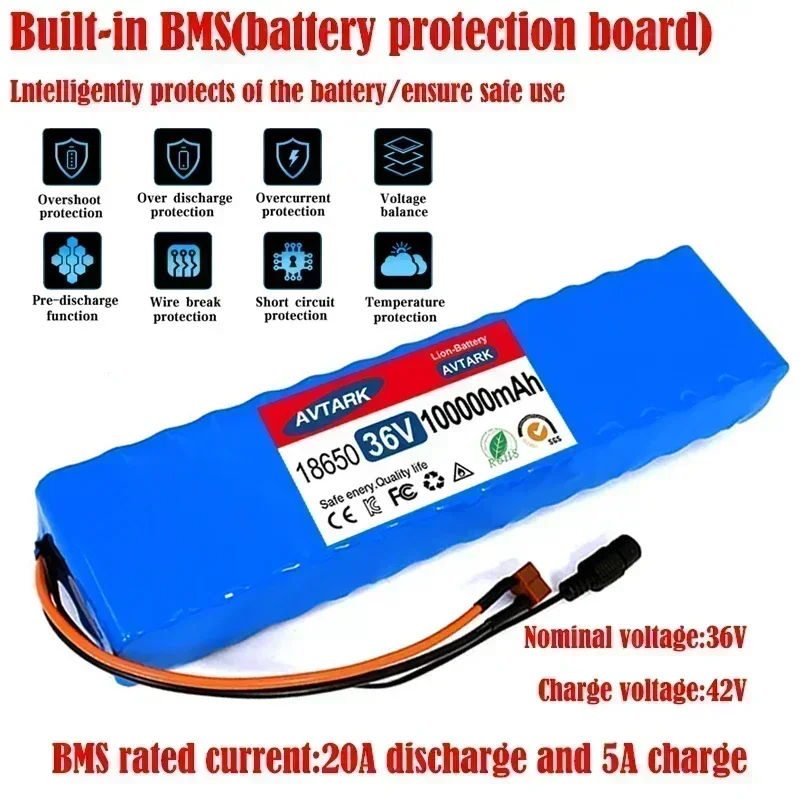 NEW 36V 100Ah 18650 Rechargeable Lithium Battery Pack 10S3P 1000W Power Modified Bicycle Scooter Electric Vehicle with BMS