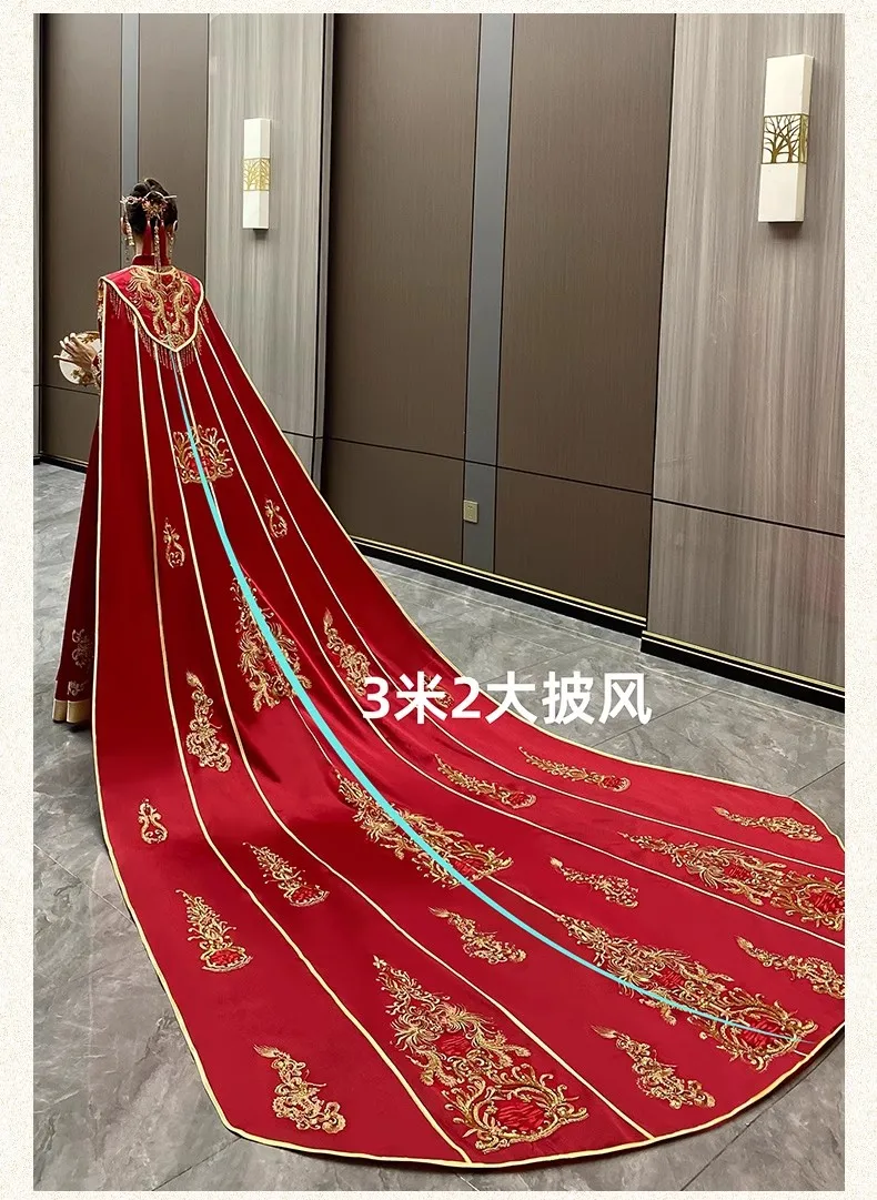 Mingli Tengda Red Cloak Bride Wedding Chinese Style Shawl Long Tail Phoenix Crown Xiapei Large Cloak Long Cloak Embroidery Coat