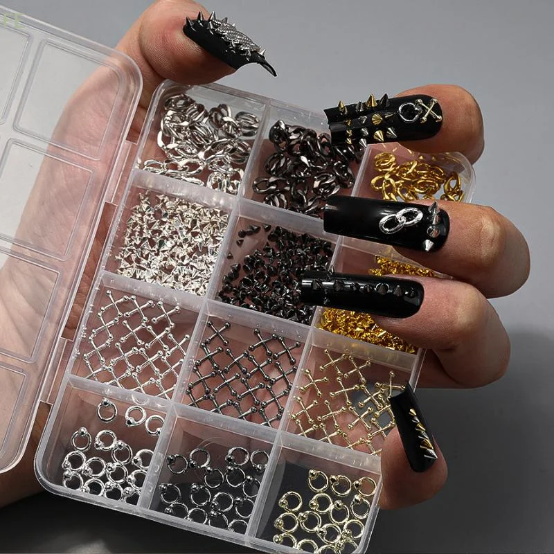 

[F]12 Grids Alloy Nail Charms Punk Y2K Metal Parts Manicure Rivet Chain Nail Tip Decoration Retro Circle Nails Supply DIY Crafts