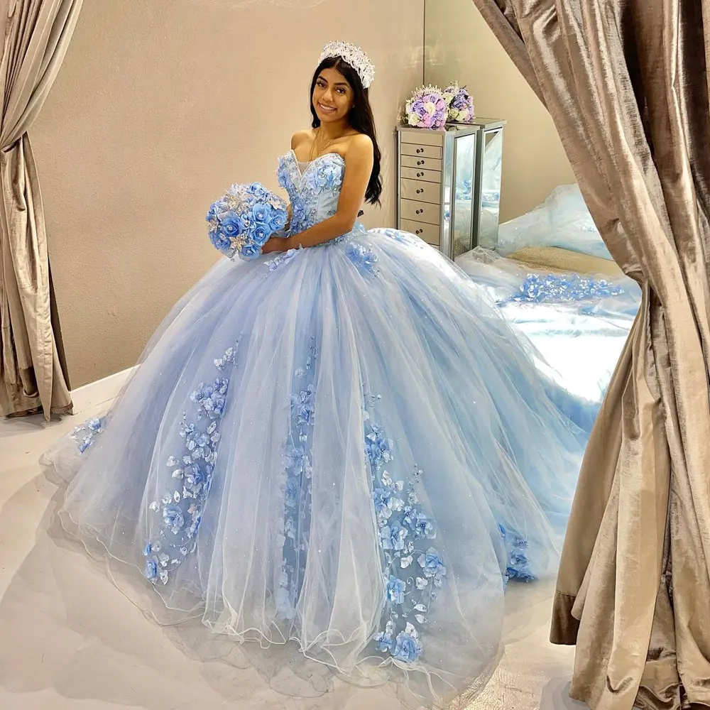 Customized Long Train Sky Blue Quinceanera Dress 2024 Mexican Vestidos De 15 Ball Gown Cinderella Girl Princess Sweet 16 Dress