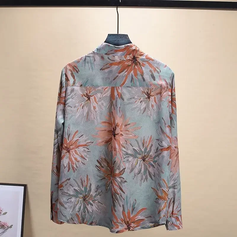 Camisa estampada casual coreana com gola virada para baixo feminina, elegante e vintage, manga longa, blusa de botão, roupas femininas, primavera e outono