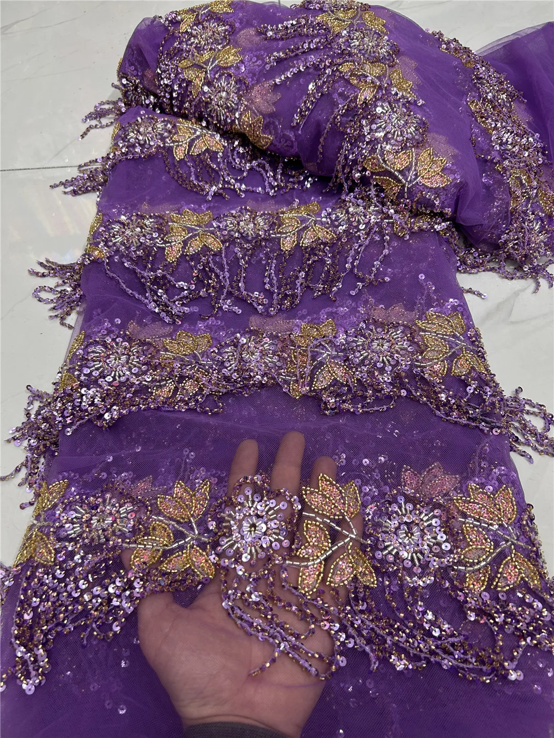 

African Heavy Beaded Lace Fabric Nigerian Sequin Pearl Lace French Tulle For Wedding Dress Sewing