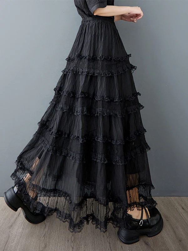 Letnia spódnica damska plus size na lato 2025, luźna, z bogatym haftem, koronką, plisowana, typu tort, do ziemi, z włókna poliestrowego, o kroju litery A...