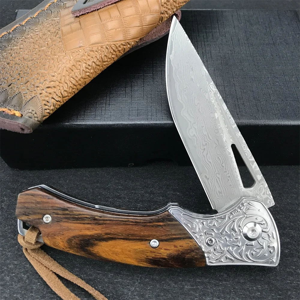 Tactical VG10 Damascus Steel Folding EDC Pocket Knife Wooden Handle Outdoor Camping Hunting Knives with Sheath Collection Gifts