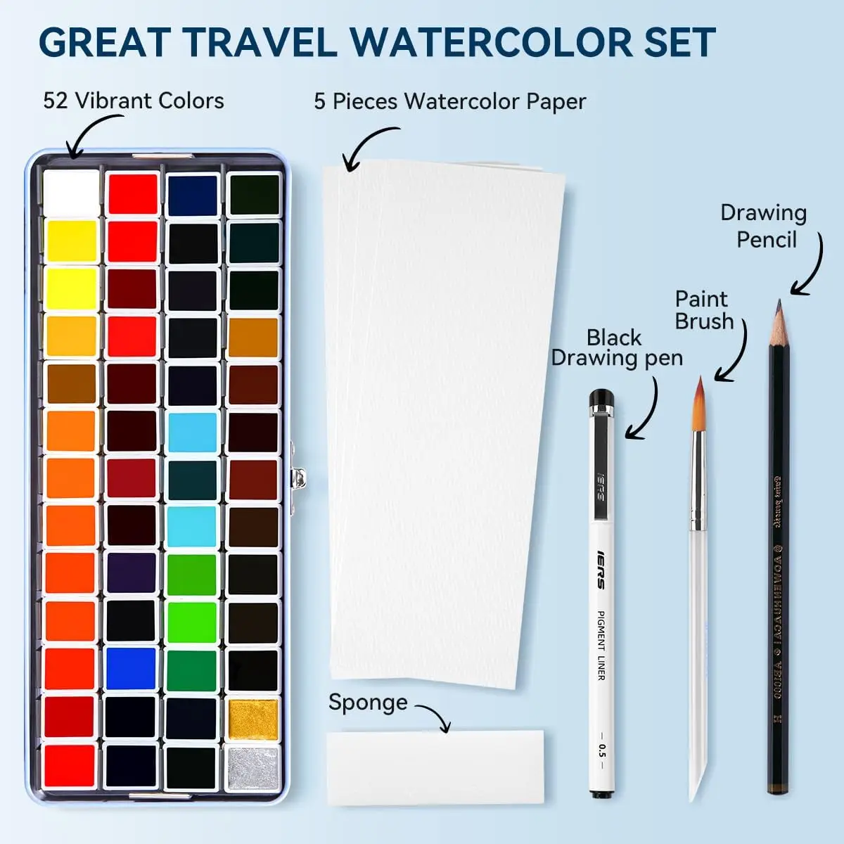 

52 Colors Watercolor Paint Set Professional Travel Watercolor Pigment Art Supplies Suitable for Artist Students Beginner