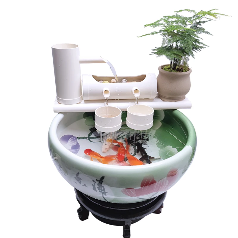 a Fish Tank Water Circulation Water Filter Decoration Ceramic Crock Stone Trough round Fish Farming Turtle Oxygen Pump