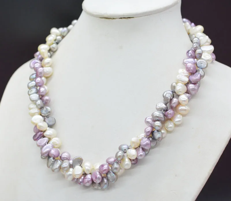 Newest design  . 8MM 3-strand natural baroque pearl necklace, exquisite and beautiful PUNK necklace for ladies 50CM