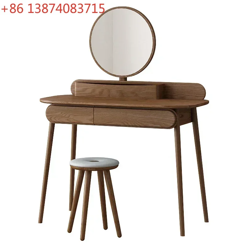 Solid Wood Log Nordic and Japanese Style Simple  Dresser Dressing Stool Combination Walnut Color Pewter