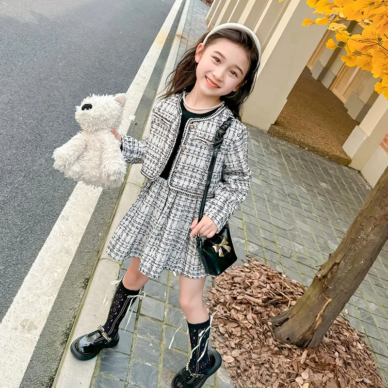 Girls\' Xiaoxiangfeng Jacket Short Skirt Set Spring and Autumn Children\'s Long Sleeve Two-piece Clothes