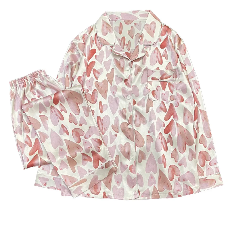 Conjunto de Pijama de satén de seda sintética para Mujer, ropa de dormir de manga larga con estampado de corazón, primavera y otoño, 2 piezas