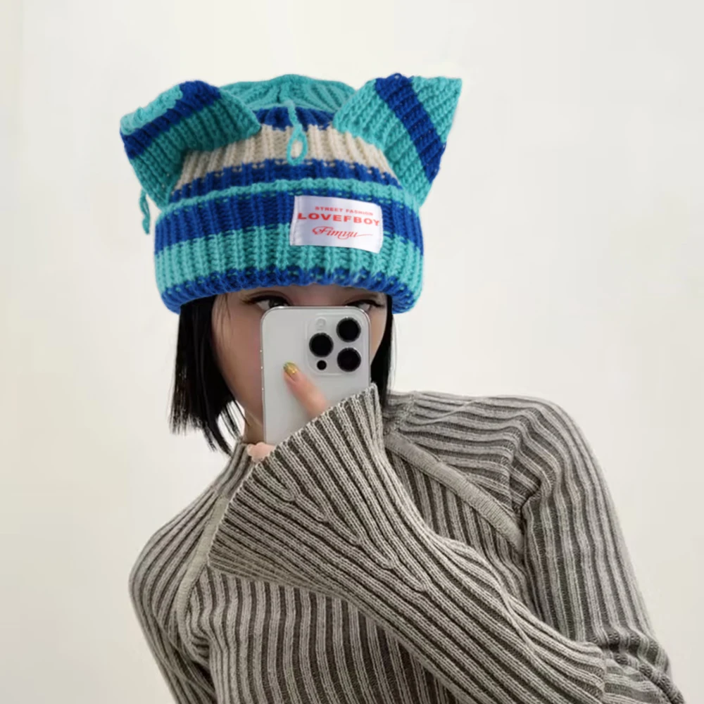 Ladies Cute Cat Ear Design Ribbed Stripe Knitted Hat Woolen Cap Winter Warm Unisex Fashionable Earflap Beanie