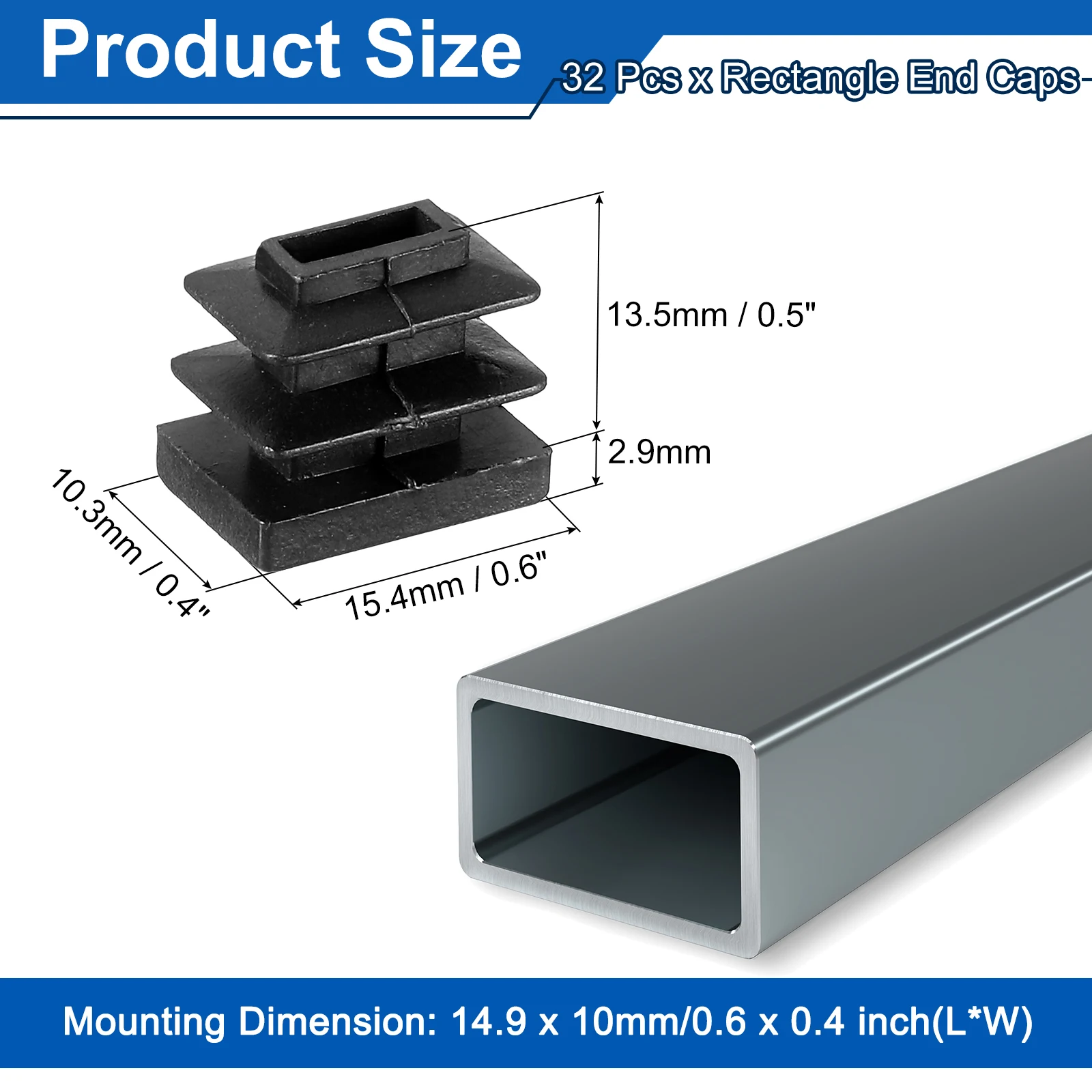 8/16/24/32Pcs Rectangle Tubing End Caps Plastic Plugs Protectors Square Bottom Foot Cover Anti-slip Furniture Floor Pads Black