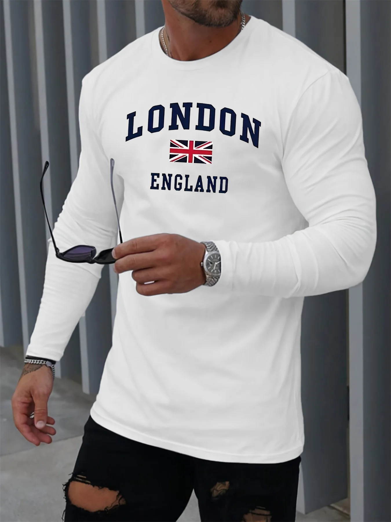 

Мужская свободная футболка из 100% чистого хлопка с длинными рукавами и круглым вырезом, универсальная футболка с принтом Лондонской Англии на весну и осень
