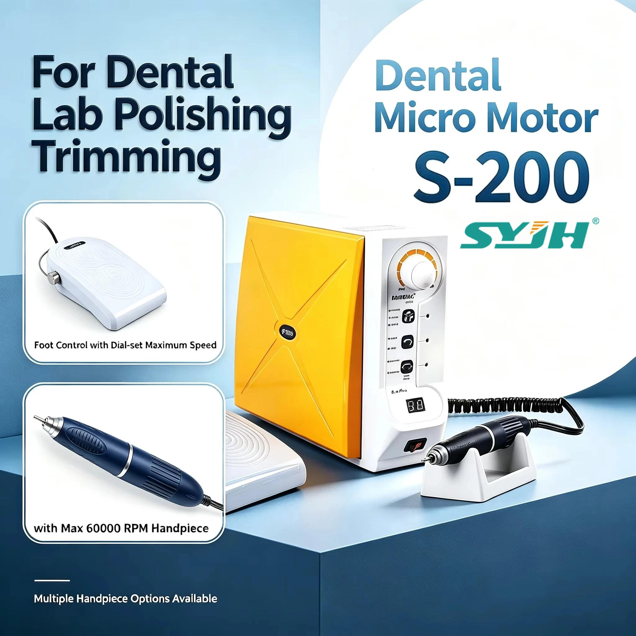 With 60000RPM Handpiece FASTRONG S-200 Dental Micromotor 45W LED Foot Pedal Control Forward Reverse for Lab Polishing Equipment