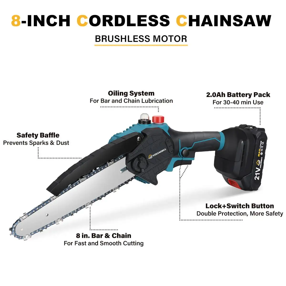 8 Inch Brushless Electric Chain Saw with Oil Pot 2 Chains Cordless Handheld Pruning Saw Tree Cutting Tool for Makita 18V Battery