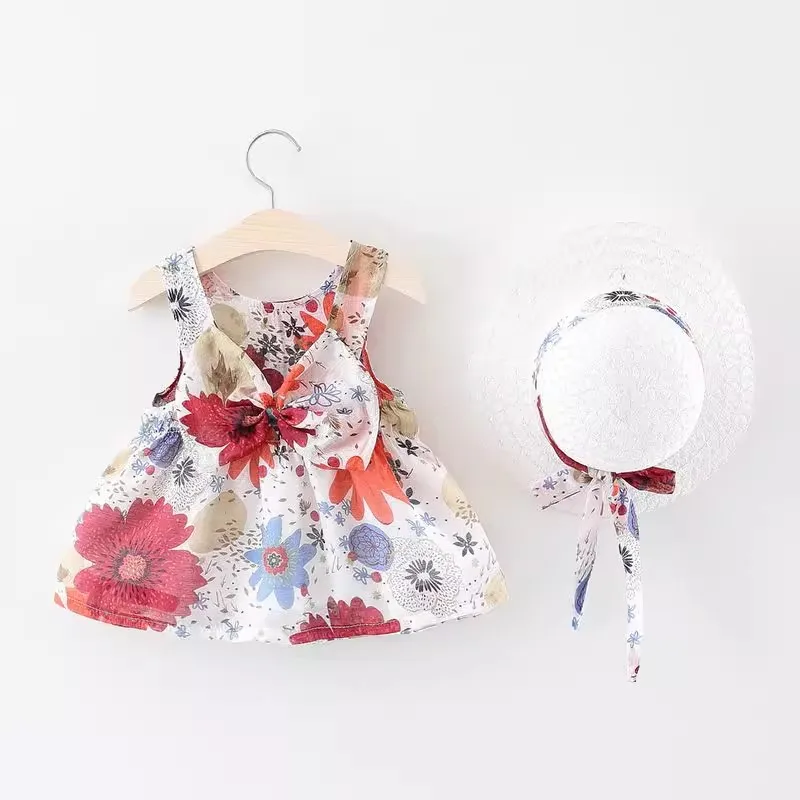 Children's New Girls' Summer Sleeveless Dress Children's Flower Print Back Bow Tie Elastic Waist Princess Dress+Hat