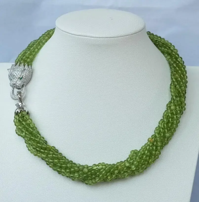

New 4MM 8strads natural peridot Round necklace-zircon pendant 17"