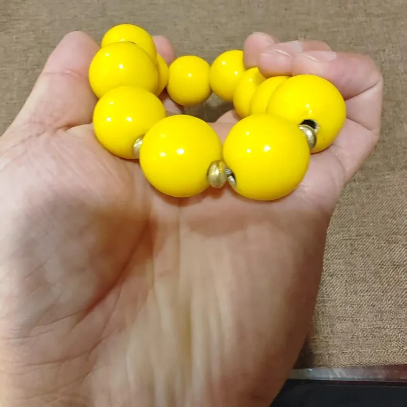 Bright Yellow Round Lampwork Glass Bead Bracelet Gold Spacers Unisex Retro Bohemian Hand‑crafted Elastic Wrist Jewelry