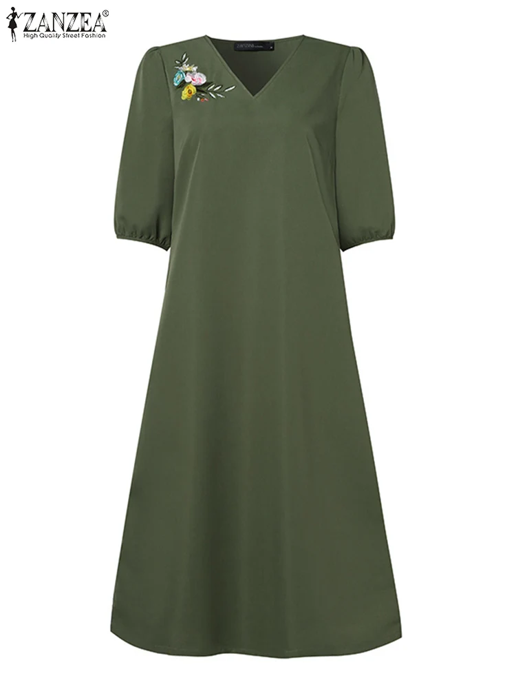 Summer Fashion V Neck Half Sleeve Dress ZANZEA Women Elegant Casual Work Party Sundress Floral Embroidery Vestidos Casual Robe