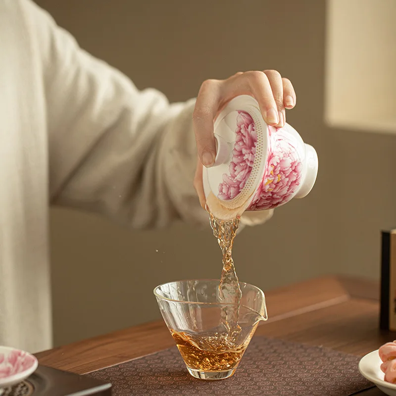 Sheep Fat Jade Porcelain 360 Suspended Filter Peony Three Talent Gaiwan Kung Fu Tea Household Tea Room Ladies Holiday Decor Gift