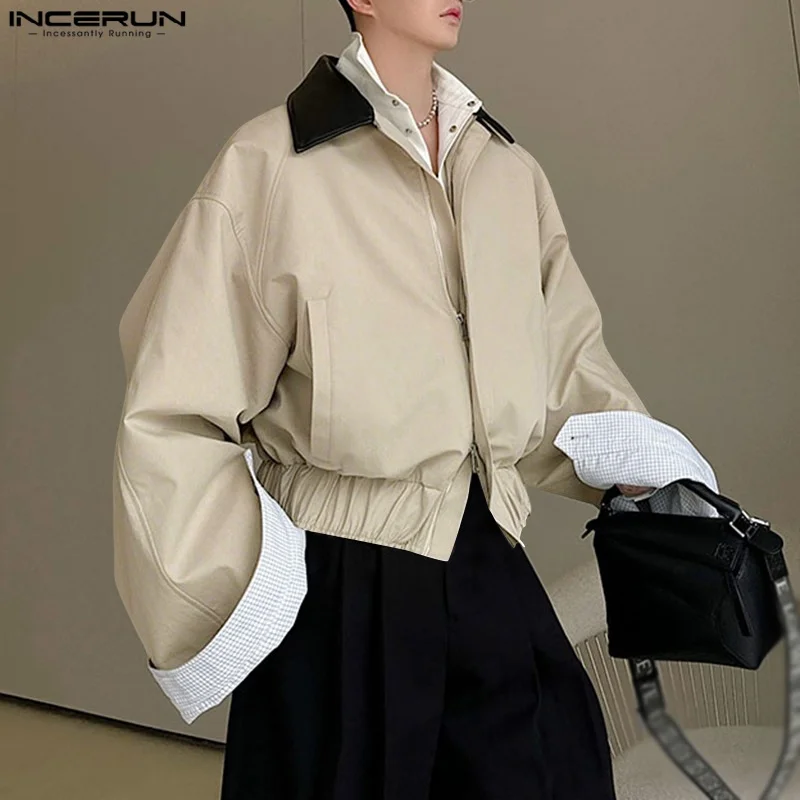 

Men Jackets Patchwork Lapel Long Sleeve Zipper Casual Male Coats Streetwear Fashion Jackets Outerwear Men Korean Style INCERUN
