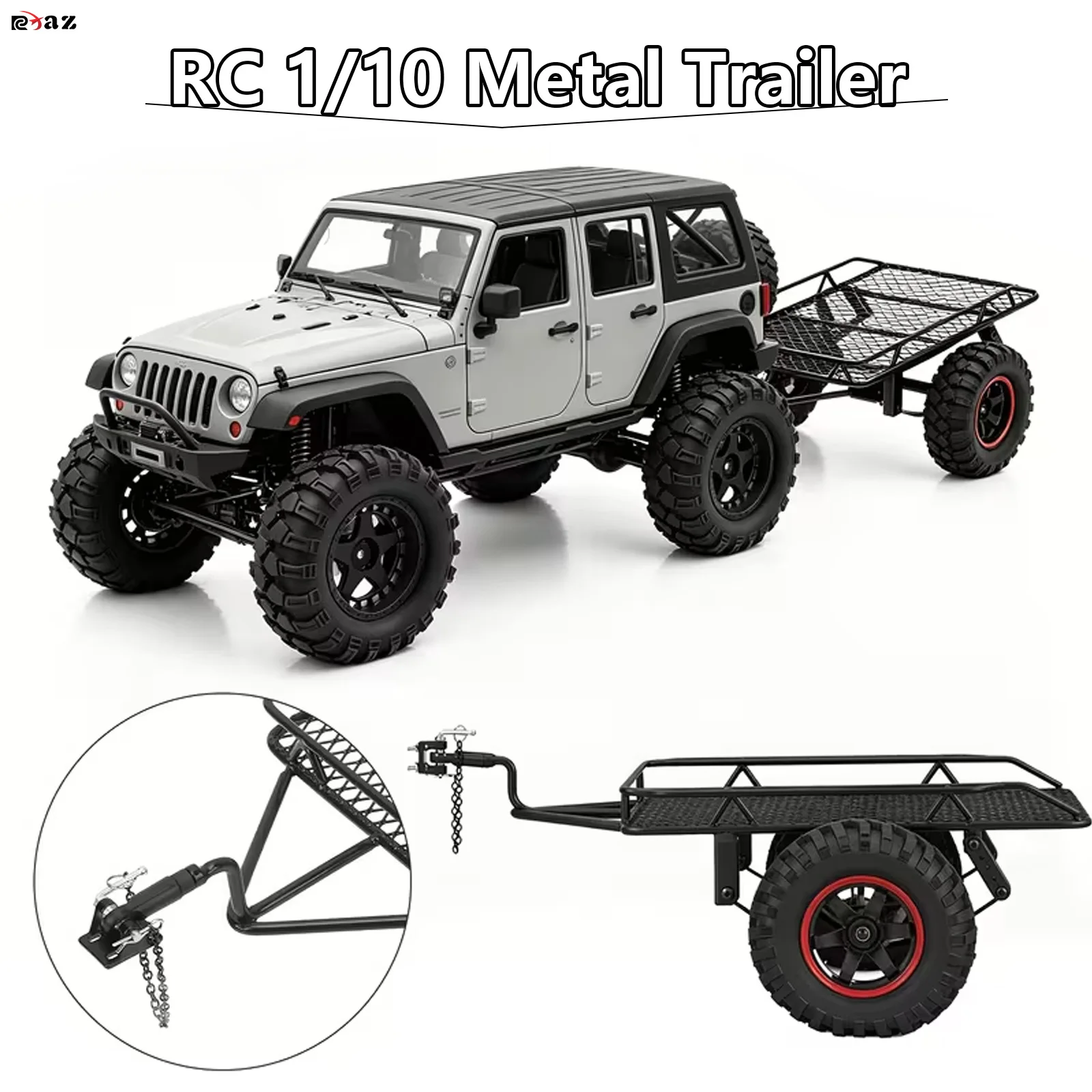 RCXAZ 1/10 RC Car Universal Metal Mesh Trailer Crawler Tow Trailer For 1/10 Traxxas TRX‑4 Axial SCX10 RC4WD D90 CC01