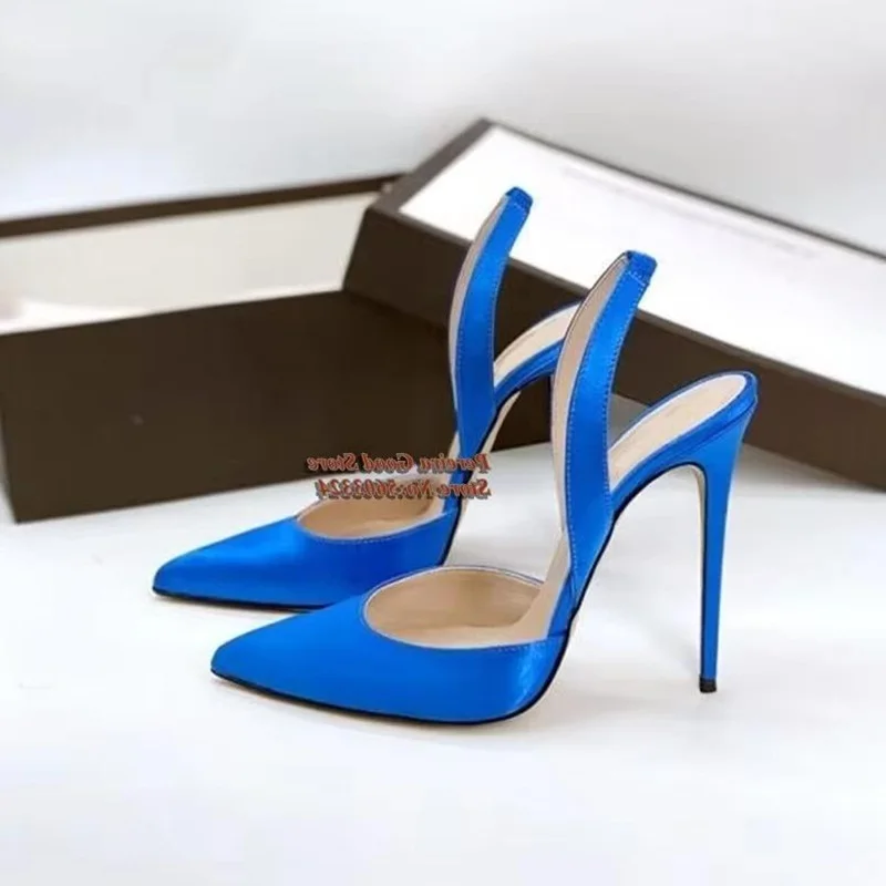 

Sexy Patent Leather Slingback Pumps Pointed Toe Neon Blue Black Pointy Toe Stiletto Heels Dress Shoes 12cm Shallow Party Shoes