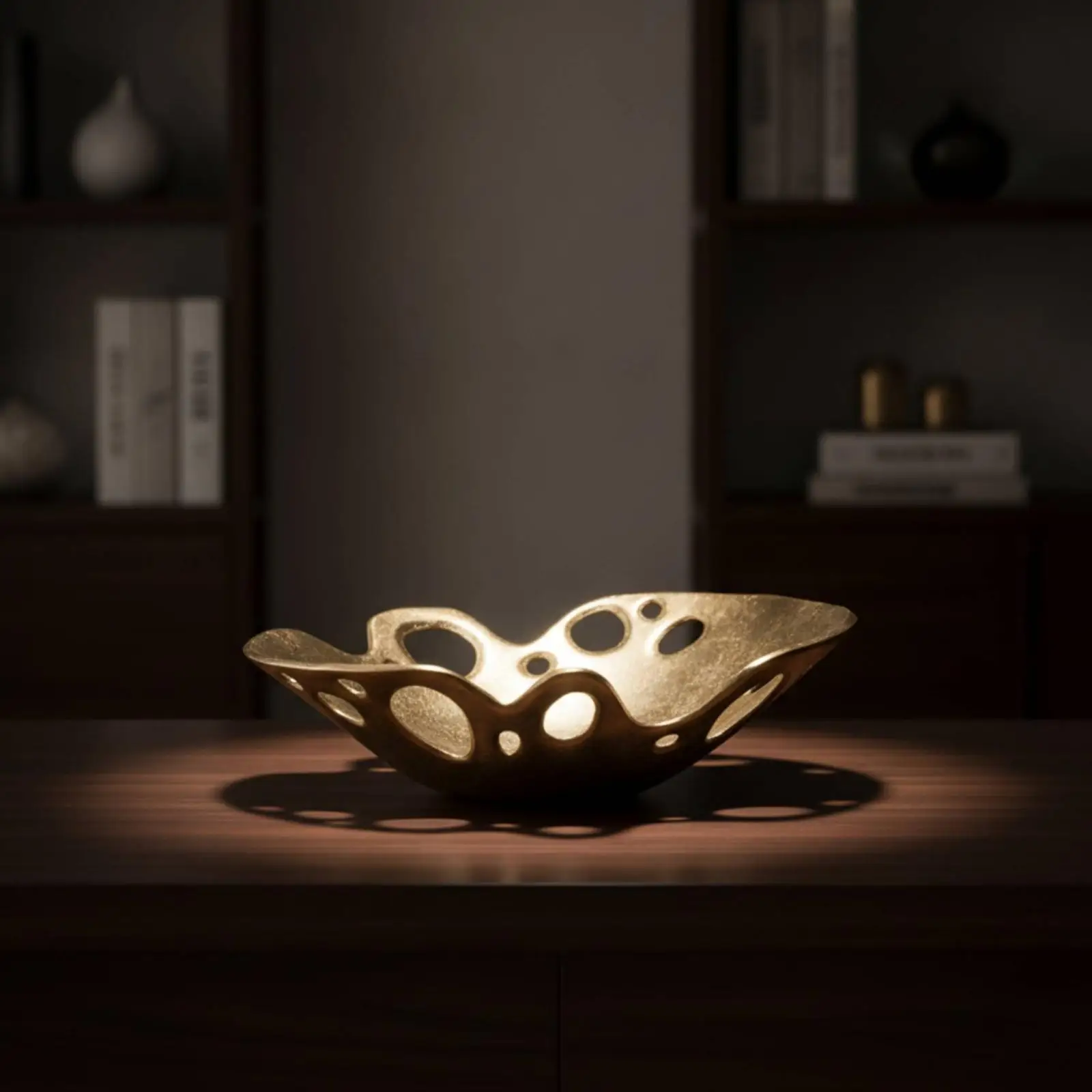 Sculptural Fruit Bowl Gold-Toned Bowl with Cutouts Openwork for Tabletop, Entryway, Dining Table