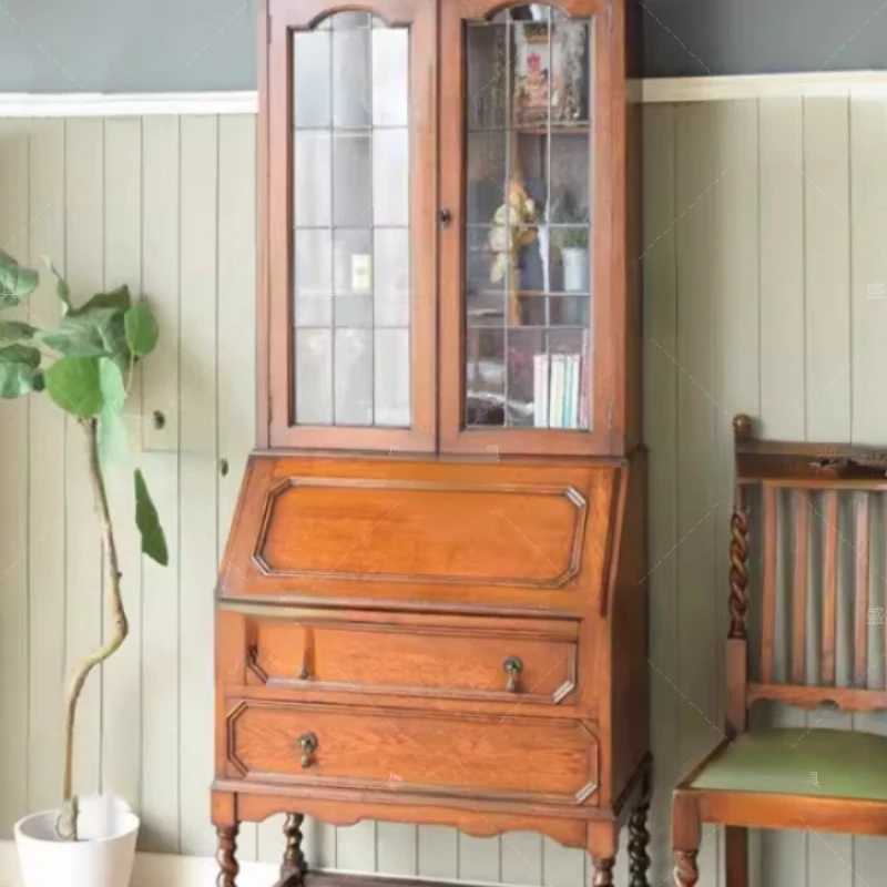 French retro carved secretary cabinet folding medieval solid wood walnut bedroom multi-functional chest dresser integrated