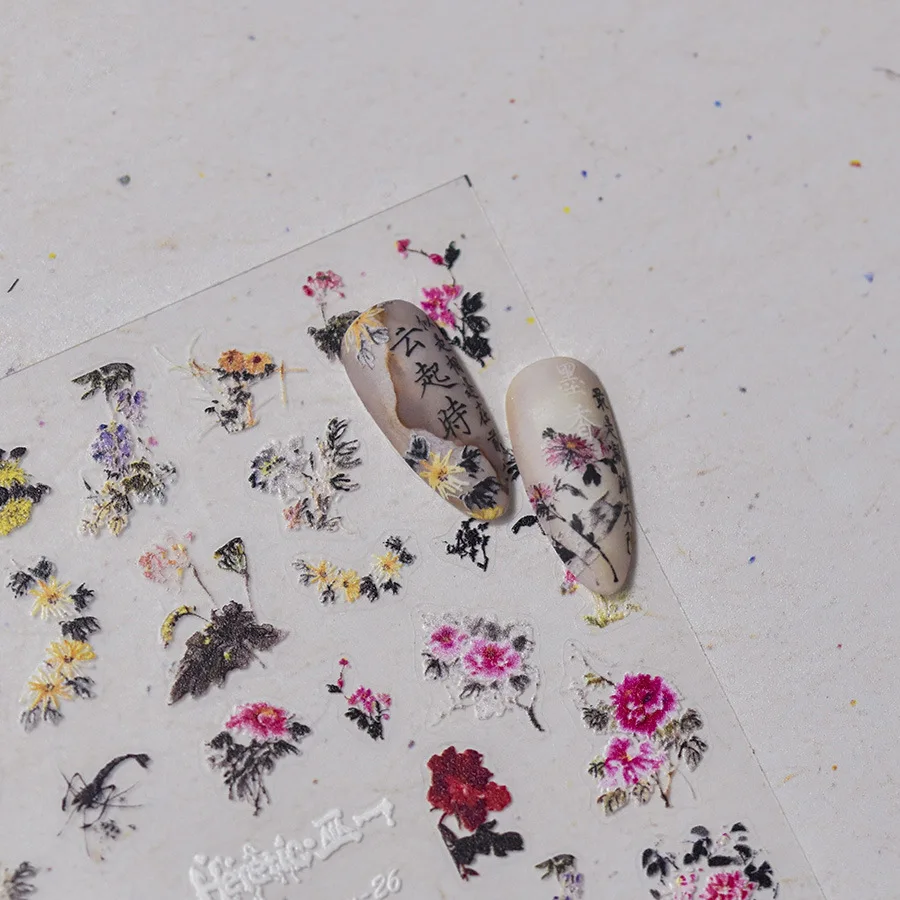 Chinese Ink Painting High Quality Nail Art Sticker Flower Butterfly Bird Calligraphy Design Decoration Decals DIY Manicure WY-29